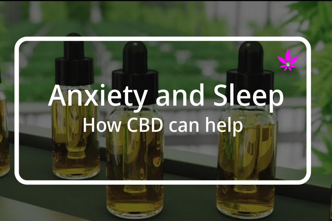Assorted CBD products including oil bottles and gummies for anxiety and sleep support