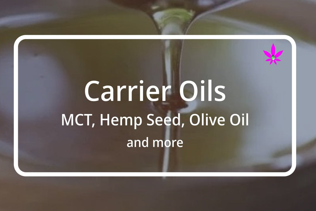 Assorted carrier oil bottles including MCT, Hemp Seed, Olive, Coconut, Jojoba, Sweet Almond, Argan, and Grapeseed oils arranged on a wooden table I 24Supplements