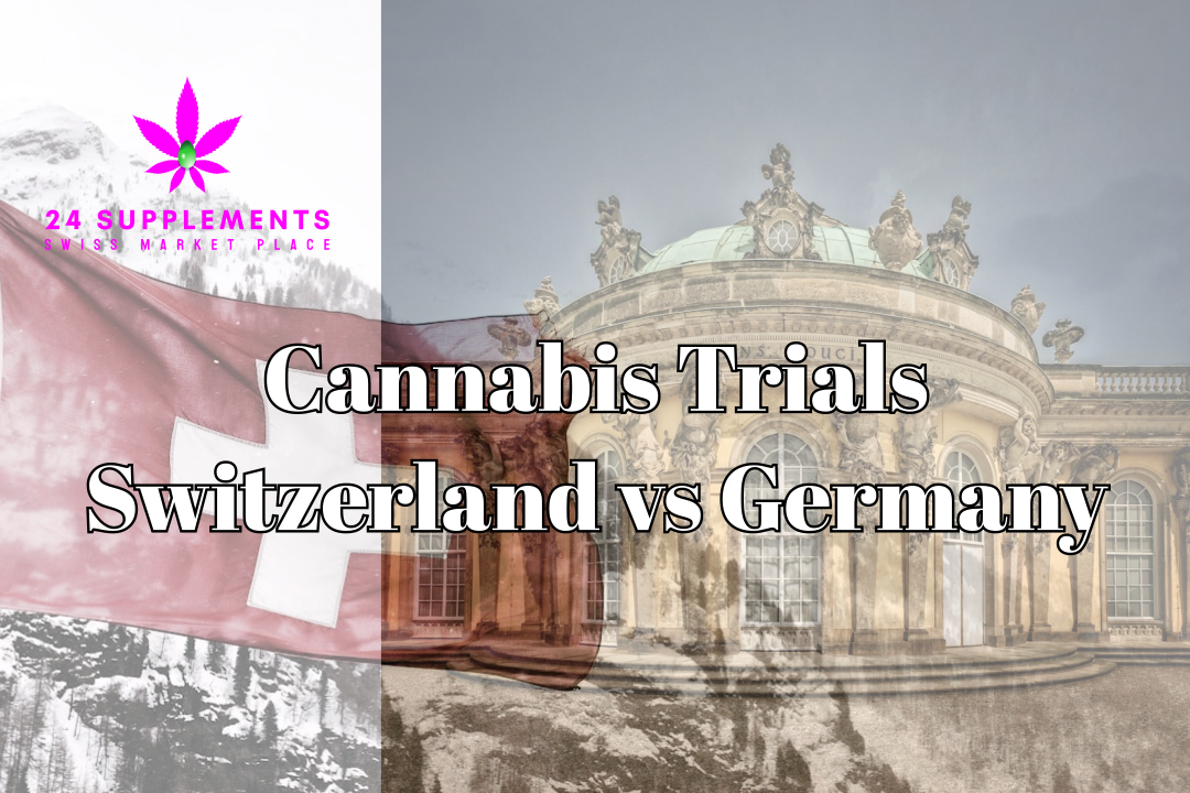 A map of Switzerland highlighting cannabis trial differences between cantons and the comparison to Germany's cannabis regulations.