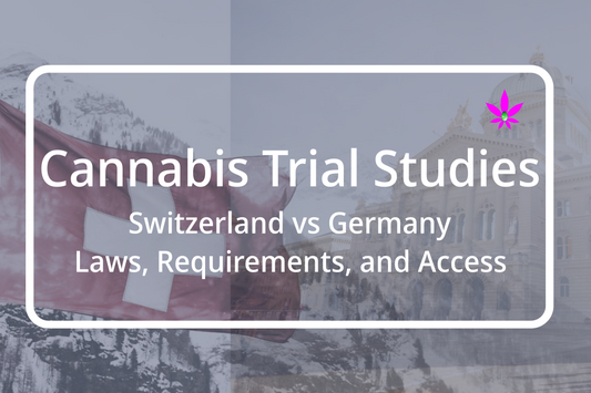 A map of Switzerland highlighting cannabis trial differences between cantons and the comparison to Germany's cannabis regulations.