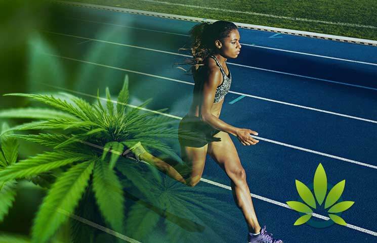 Female athlete sprinting outdoors, showcasing energy and athletic performance with the help of CBD products.