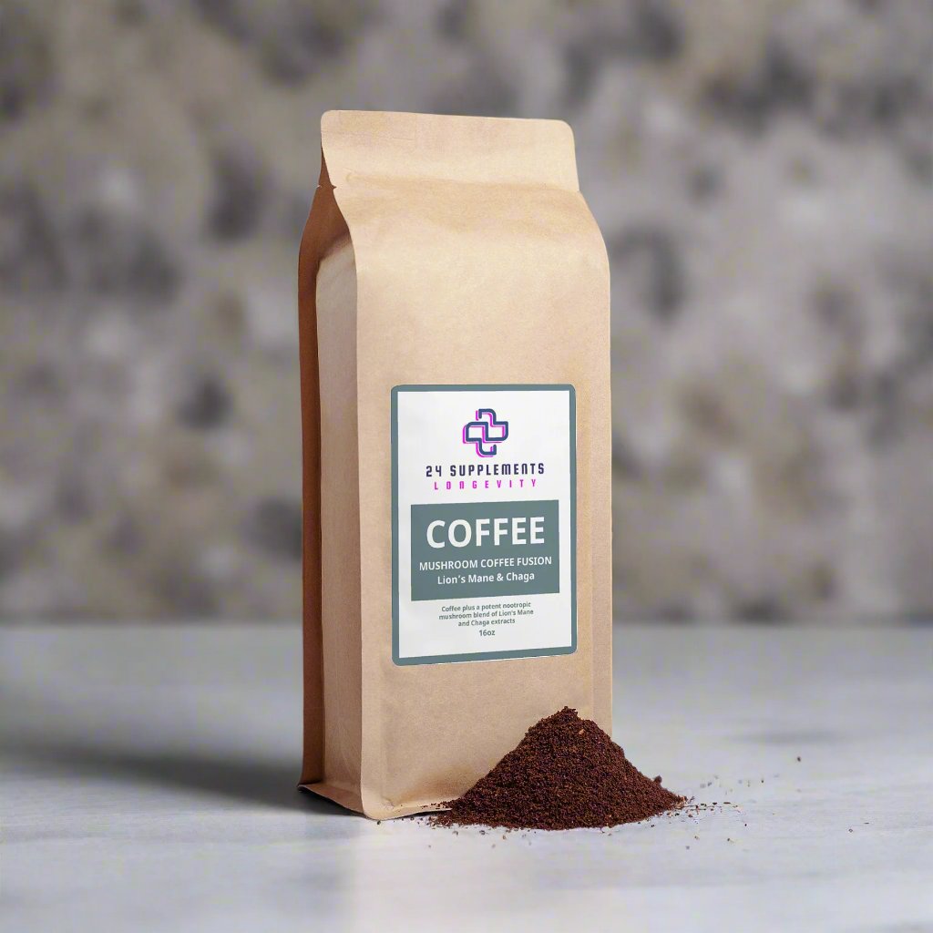 A coffee paper bag with coffee powder in front