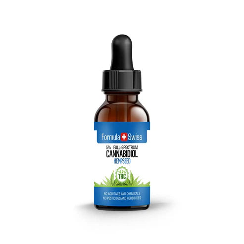 Symbol picture of a bottle of 5% Full-Spectrum Organic CBD Oil with 500mg CBD, 0.2% THC, and hemp seed oil. Certified organic and vegan, available at 24Supplements.