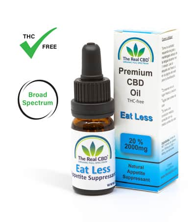 Bottle of Eat Less - Natural Appetite Suppressant with CBD, Garcinia Cambogia, and Green Tea Extract for natural weight management support.