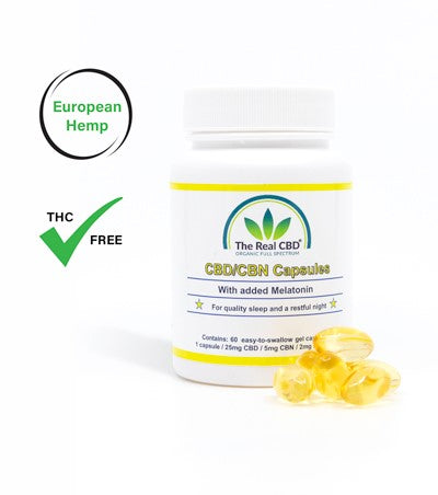 Bottle of CBD/CBN Soft Gel Capsules with Melatonin - 25mg CBD, 5mg CBN, and 2mg melatonin per capsule, available on 24Supplements for natural sleep support.